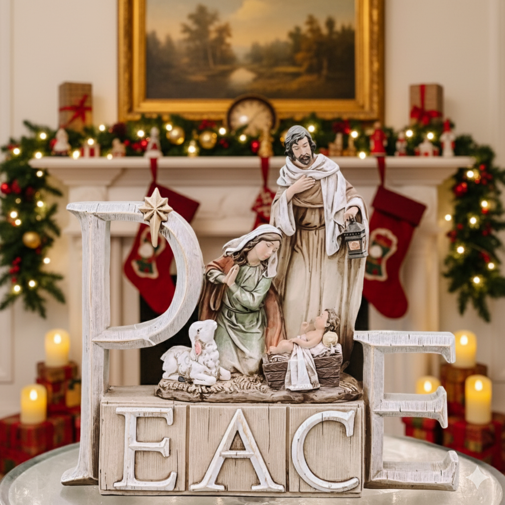 PEACE Nativity Scene Decor, Holy Family Christmas Figurine, Mary Joseph Baby Jesus Set, Religious Table Display, Holiday Gift